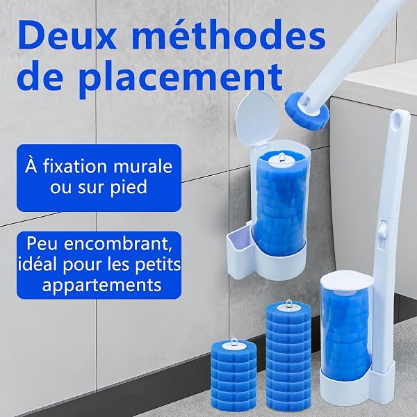 Brosse Toilettes WC, Brosse WC Jetable avec 48 Têtes de Rechange + 2 Pcs Brosses WC et Supports Balai Toilettes Montage Mural/au Sol pour Toilette,Salle de Bain, WC,Lavabo, Parfum de Mer Frais - 5