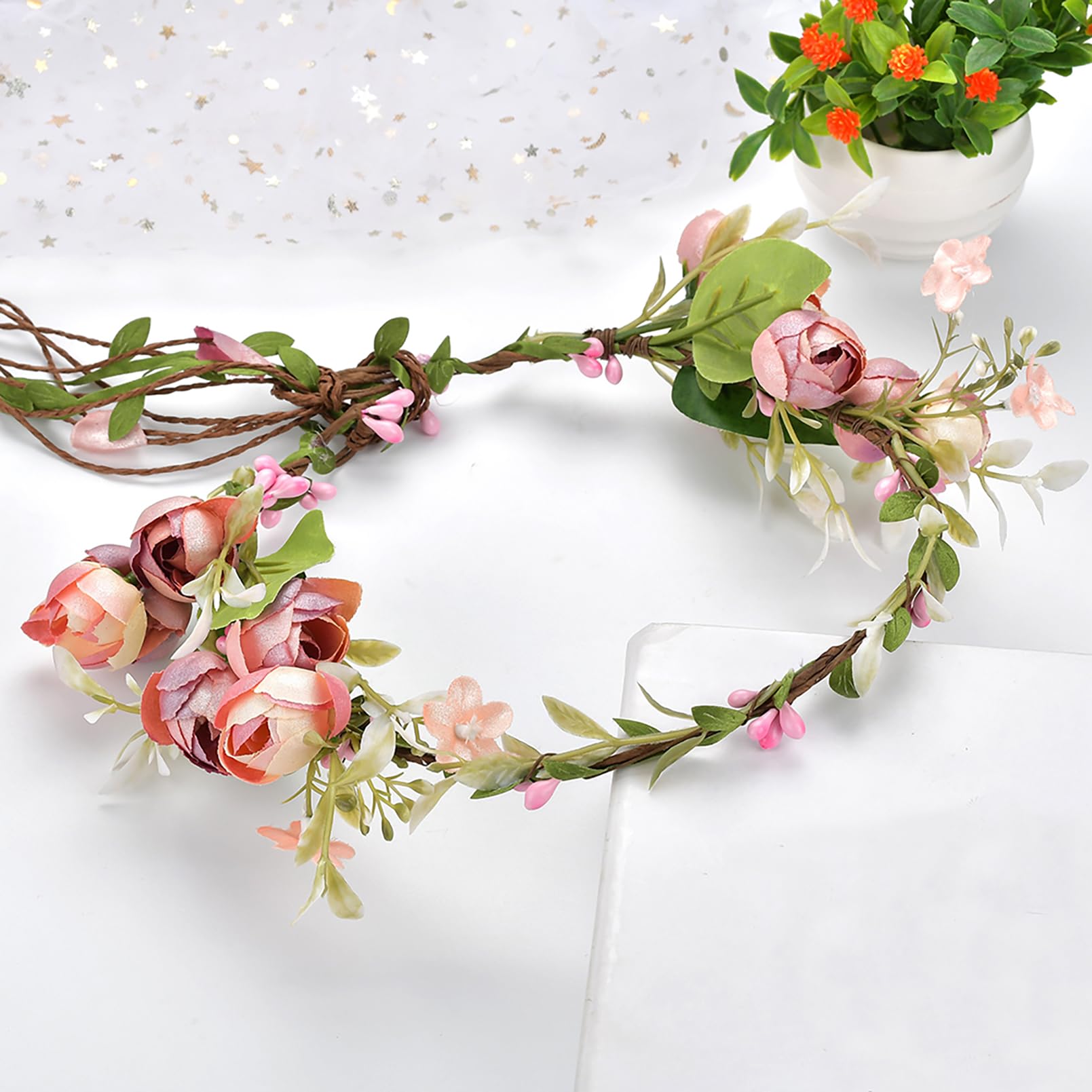 Vine Flower Crown Boho Floral Hair Wreath Wedding Party Pink Adjustable Boho Vine Flower Crown Headpiece - Rosy Floral Halo by  main image 3