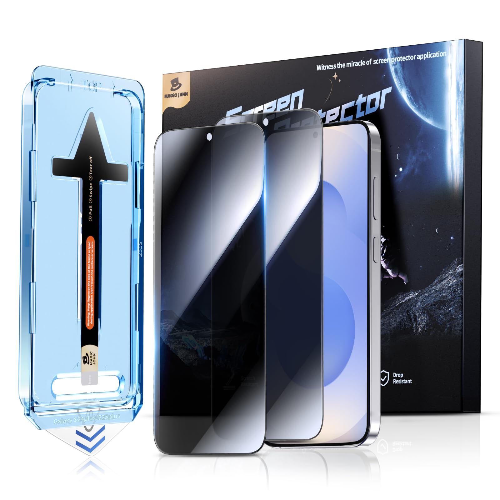 Magic JohnPack of 2 for Samsung Galaxy S24 Plus / S24+ (6.7 Inch) Privacy Screen Glass, Auto Dust Elimination, Anti Spy, 9H Hardness Film, Bubble-Free, Easy Installation