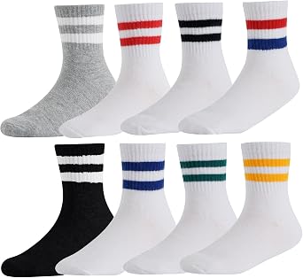 CHUNG Little Boys Girls Big Kids Athletic Cotton Basic Crew Socks with Retro Stripes 8 Pairs Autumn School Uniform Casual Sports Running