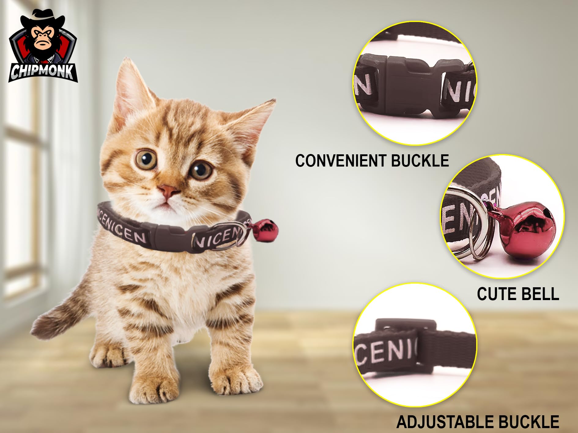 Chipmonk Set of 3 Cat & Puppy Collar with Bell,Kitten & Small Dogs Soft Adjustable,Safe,Solid & Protective Breakaway for Cats & Puppies,Cute Kitty Neckband with Nice Print-(Green,Purple,Black) 2