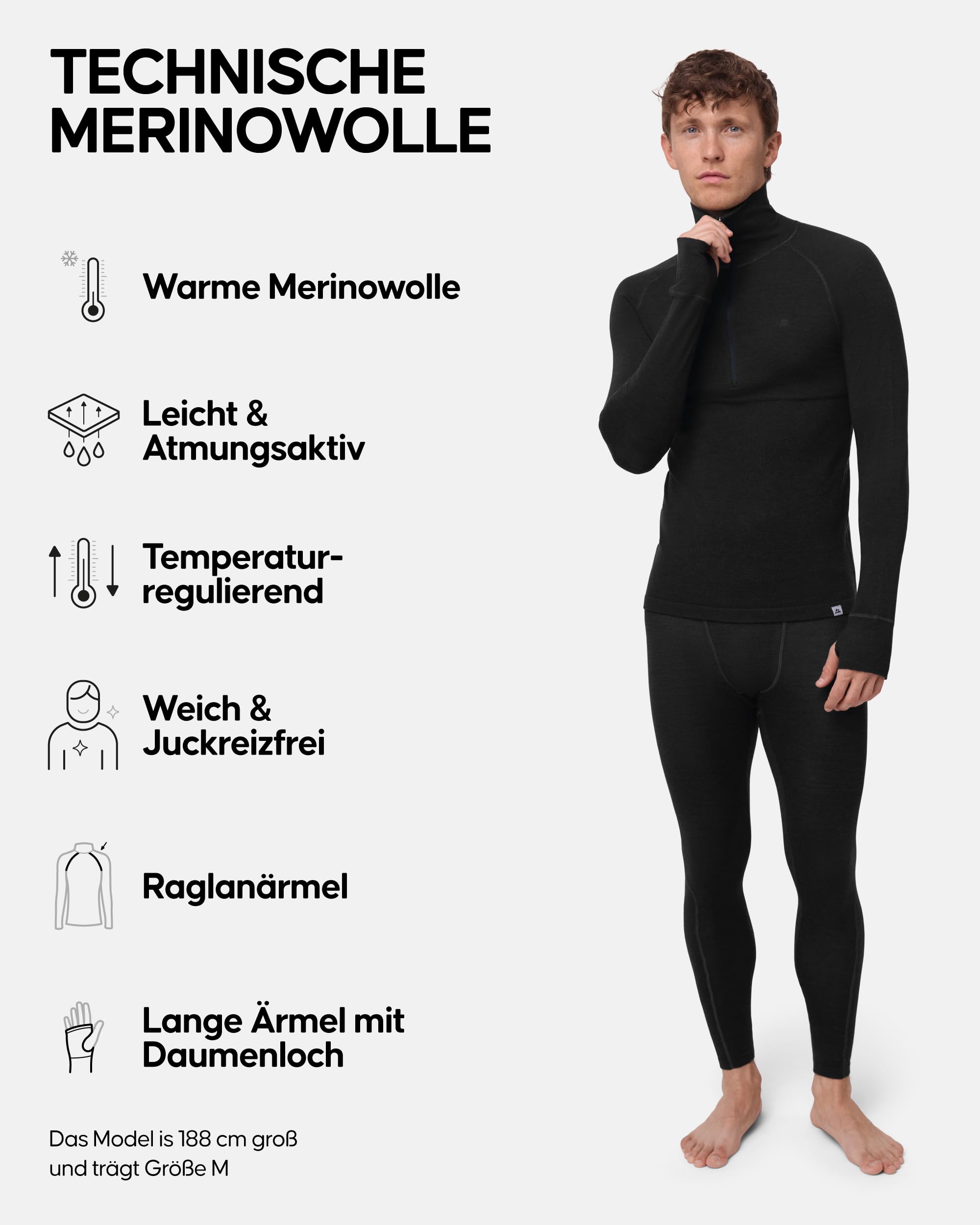 DANISH ENDURANCE Merino Half Zip Thermounterwäsche Set Herren, 180 g/m² | Merino Thermounterwäsche Set, Warm, Geruchshemmend & Atmungsaktiv, für Skifahren, Snowboarden & Wandern bei Kälte
