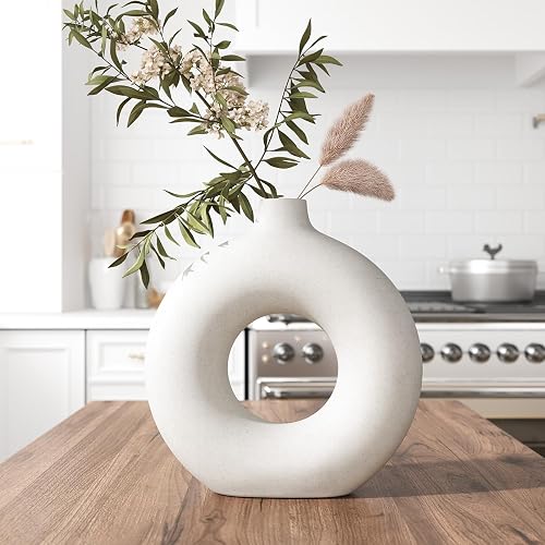 5.7 Inch White Ceramic Vase Small Donut Vase for Pampas Grass, Minimalist Bohemian Farmhouse Style Decorative Flower Vases for Home Decor, Living Room, Dining Room, Counter, Table, Entryway