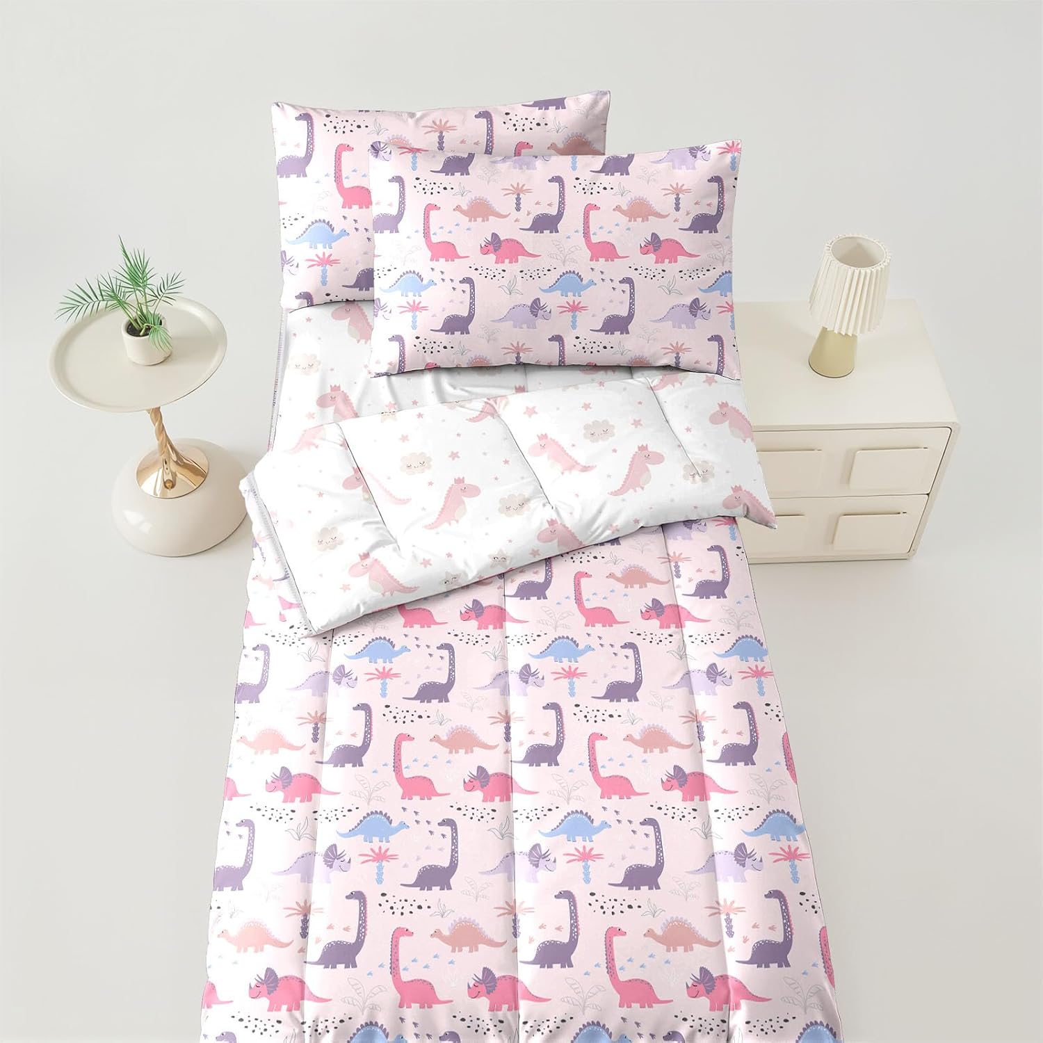 Dinosaur Girls Zipper Bedding Twin Dino Comforter for Girls All in one Zipper Kids Pink Bedding