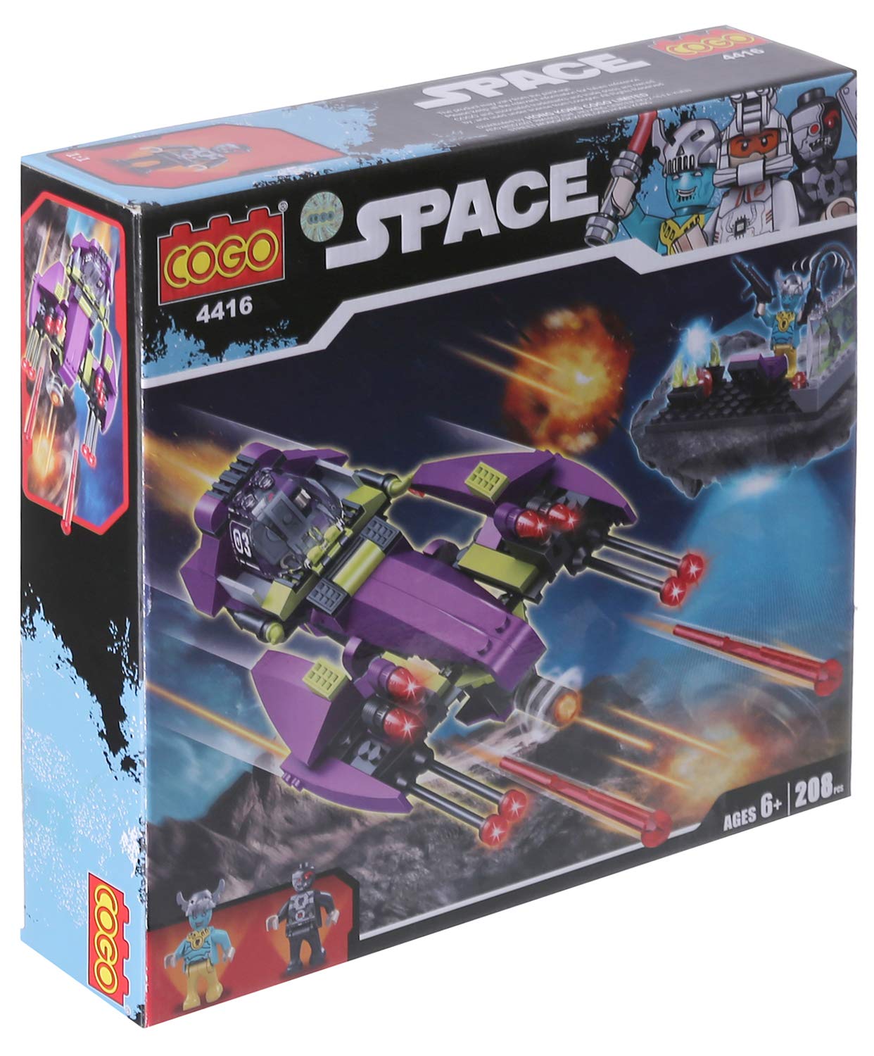 COGO 4416 Space Battle Arena Spaceship building blocks set box art showing the assembled spaceship, an alien minifigure, and a small alien base.