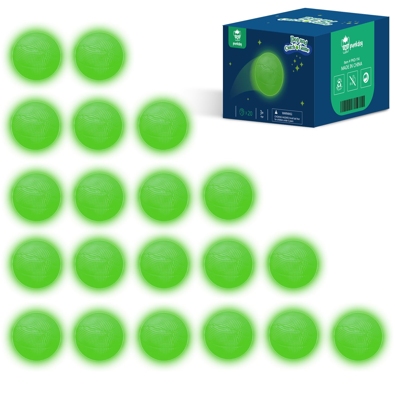 punkdog 20 Glow Balls for Pop and Catch Ball Game- Outdoor Indoor Game Activities for Boys & Girls,Birthday and Christmas Party Favors Gifts for Kids Ages 4 5 6 7 8 10 12+ Years Old and Adults
