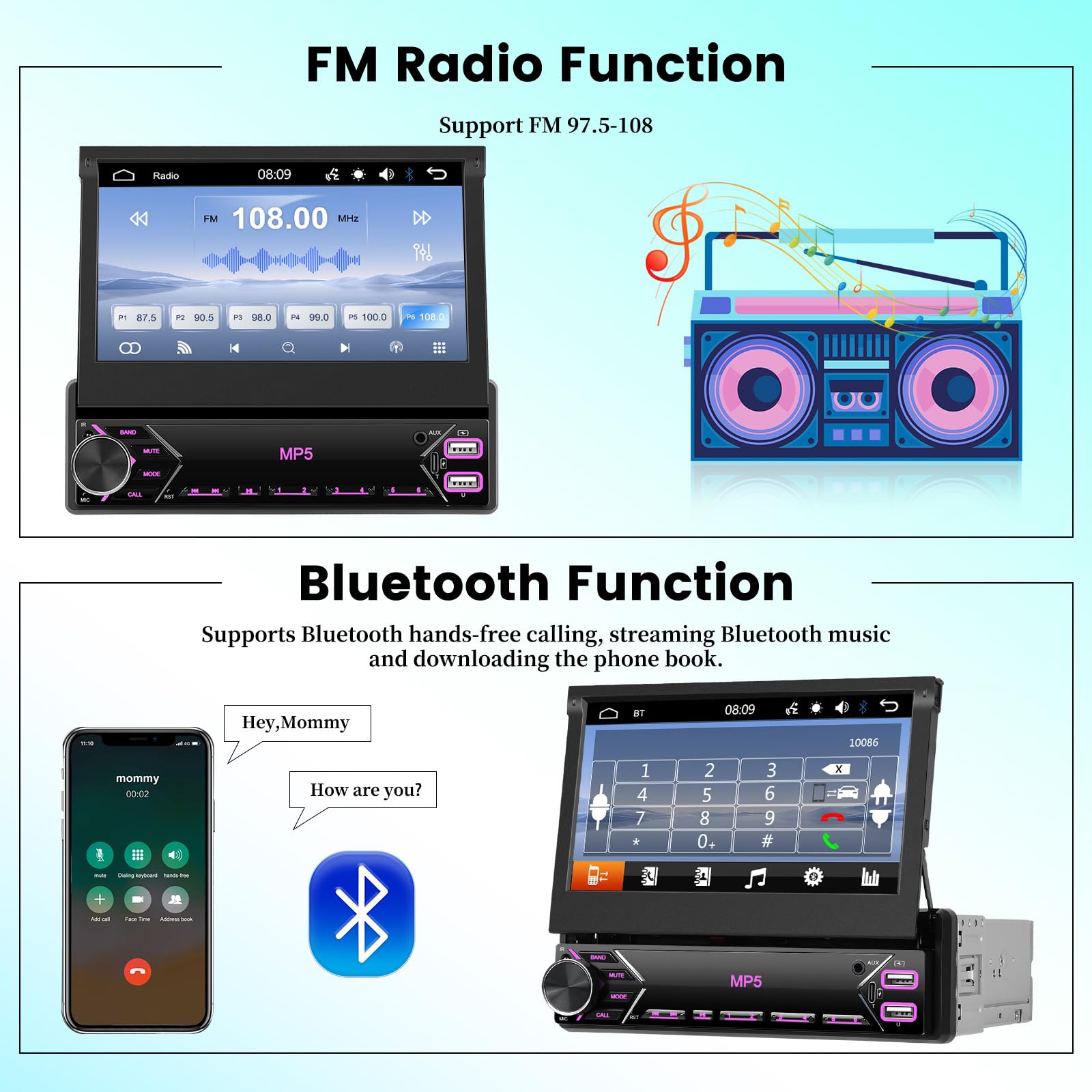 Autoradio 1 DIN Bluetooth, Schermo Retrattile da 7 Pollici Touchscreen Auto Stereo Mirror Link FM RDS USB Type-C AUX Microfono Telecamera di Backup