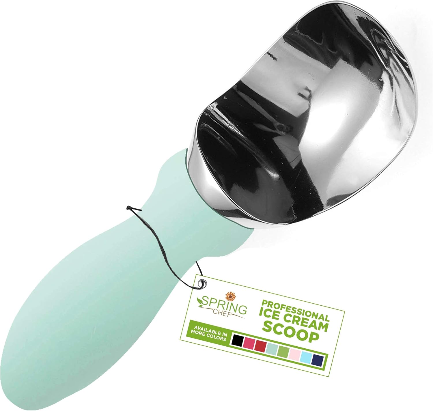 Spring Chef Stainless Steel Ice Cream Scoop - Dishwasher Safe Metal Ice Cream Scooper, Heavy Duty Kitchen Tool with Soft Grip Anti-Freeze Handle, Perfect for Frozen Yogurt, Sorbet, Sundae - Mint