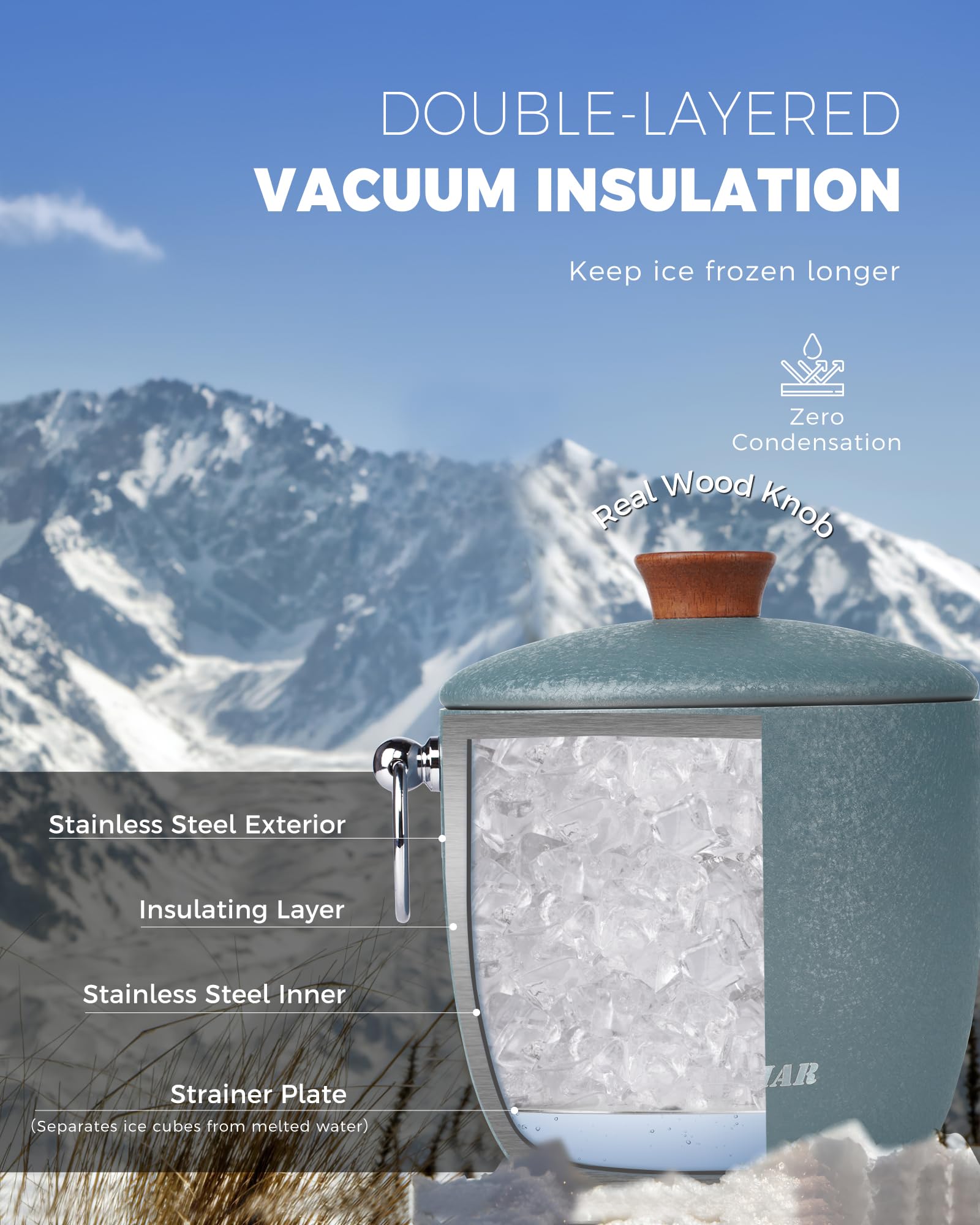 POLIVIAR JX2023-IBLU - Cubo de hielo de acero inoxidable con pinza