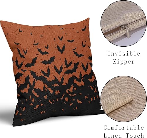 Miniatura 4 de Juego de 2 fundas de almohada de murciélago de Halloween de 20 x 20 pulgadas, patrón de miedo naranja, decoración de Halloween, almohadas
