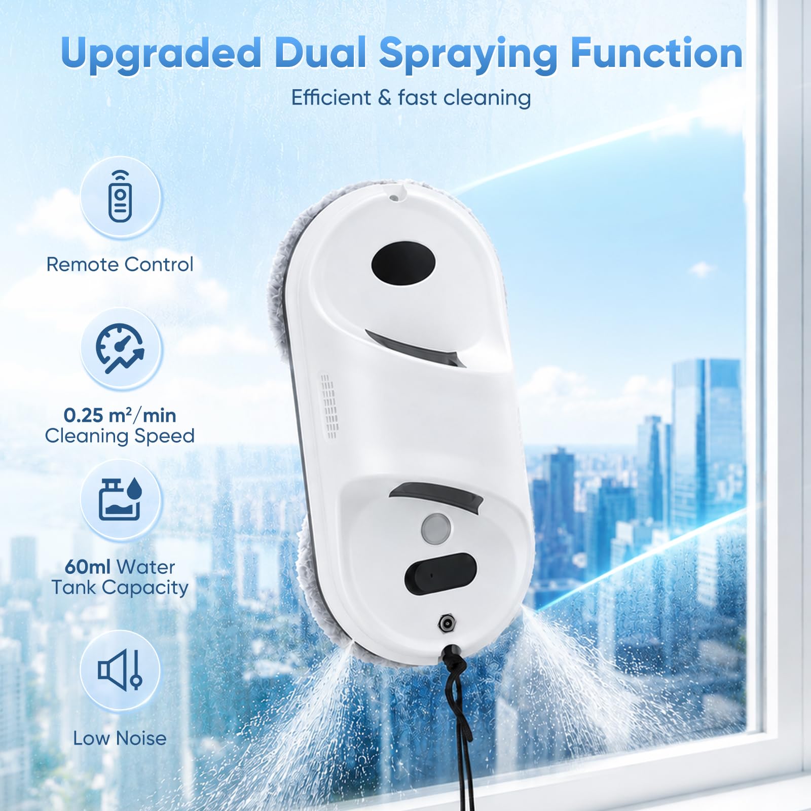 Robot limpiacristales 2800 PA 0.25m/min, Robot limpiador de ventanas | con sistema doble pulverización mejorado, 3 Modos de Limpieza Limpia Cristales electrico Ventanas Limpiador Ventanas