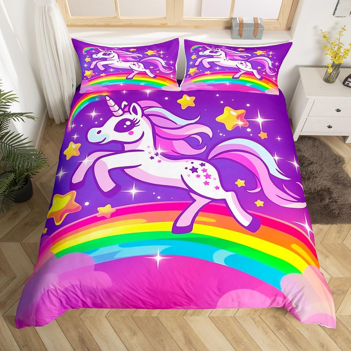 jejeloiu Girls Cute Unicorn Duvet Cover Toddler Size Kids Dreamy Horse Rainbow Comforter Cover Set for Boys Teens Unicorn Glitter Bedding Set Breathable Cute Animal Bedspread Cover Quilt Cover