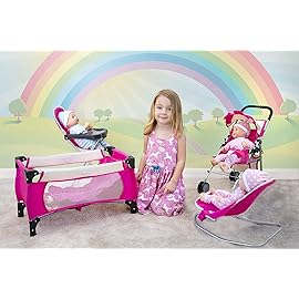 fash n kolor 4 Piece Pink Baby Doll Set, Includes - 1 Pack n Play with Carry Bag, 2 Doll Stroller, 3 Doll High Chair, 4 Infant Seat,