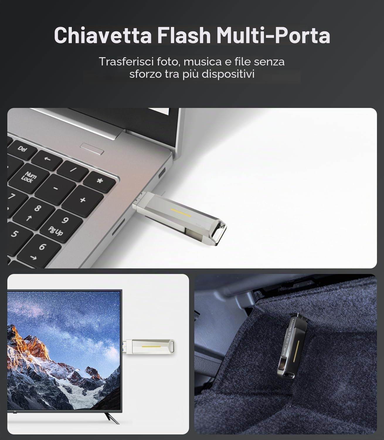 Chiavetta USB 3.2 da 128 GB per Tesla Model 3/Y/S/X Dashcam Sentry Mode, 200 MB/s di lettura, chiavetta di memoria universale per sistema audio auto, laptop e Smart TV, corpo in metallo con