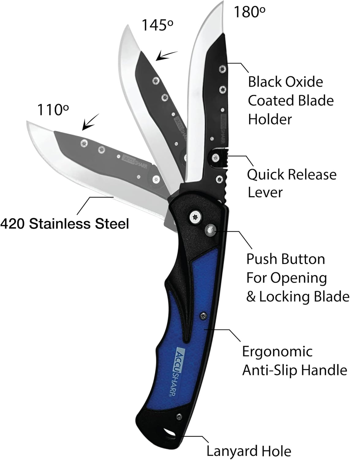 ACCUSHARP 3.5" Blue Razor Knife and 6 pcs Replacement Blades Bundle, Stainless Steel Knife with Corrosion Resistant Spare Blades