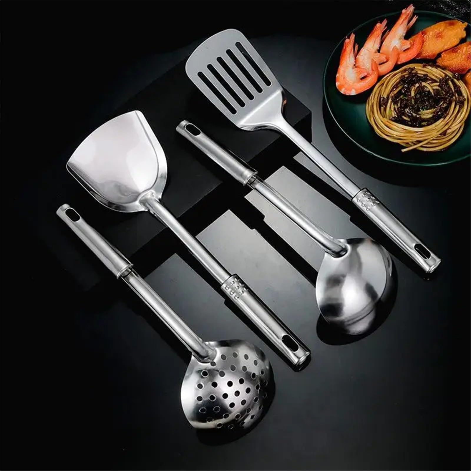 4 Stück Edelstahl-Wok-Spatel mit langem Griff Für Die Küche | Küchenhelfer, Kochutensilien-Set, Reislöffel, Schöpfkelle, Kochutensilien
