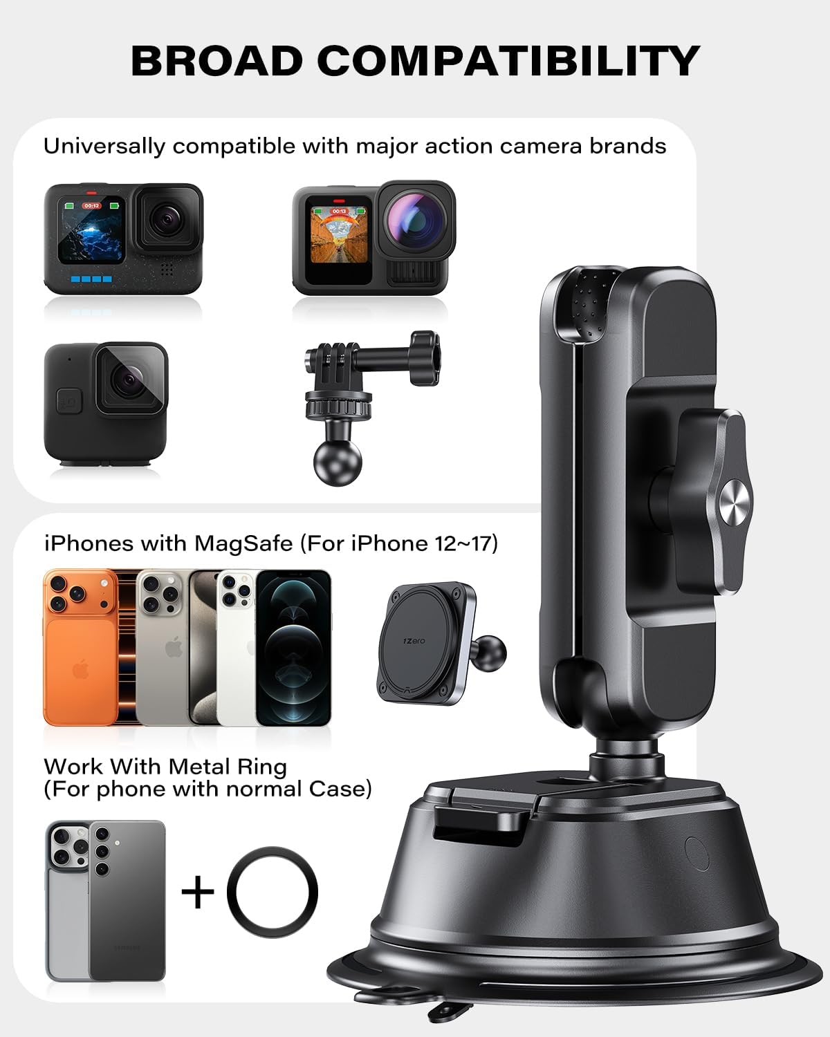 1Zero Dual Suction Cup Car Mount for GoPro Action Camera & Phone, Magnetic Mount for Go Pro, 3-in-1 Car Phone Holder for Magsafe, Compatible with GoPro Hero13/12/11/10/9 Insta 360 DJI Osmo Action