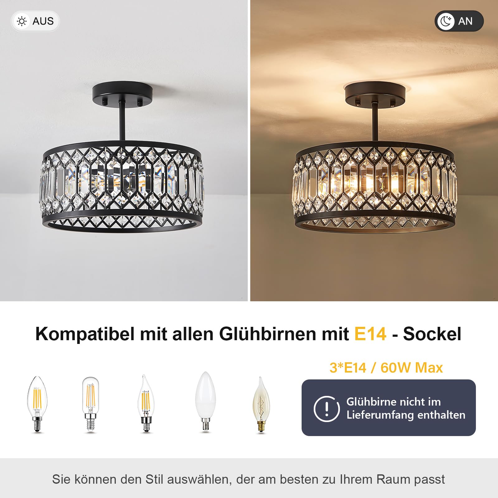 Kristall Kronleuchter,Deckenleuchte Schwarz Mit Kristall Schirm,Sockel E14 Deckenlampe,Moderne Lampe Für Wohnzimmer Schlafzimmer Küche Flur Esszimmer 3-Light