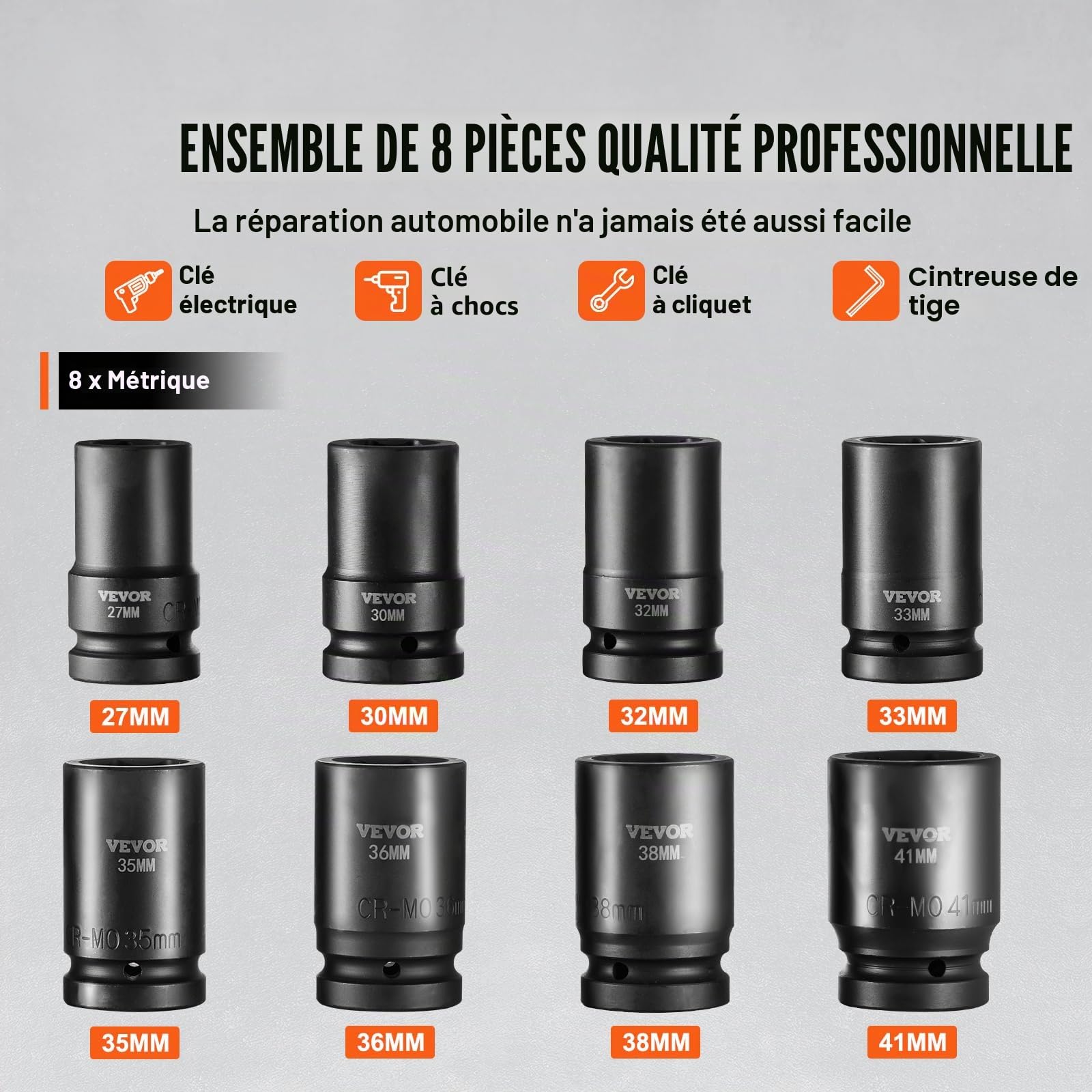 VEVOR Coffret Douilles à Chocs Profondes 1 po Métrique 27-41 mm, Kit pour Clé à Cliquet 8PCs, en Acier Allié Cr-Mo, 6 Pans, Marquages de Taille Faciles à Lire, pour la Réparation Automobile, Atelier