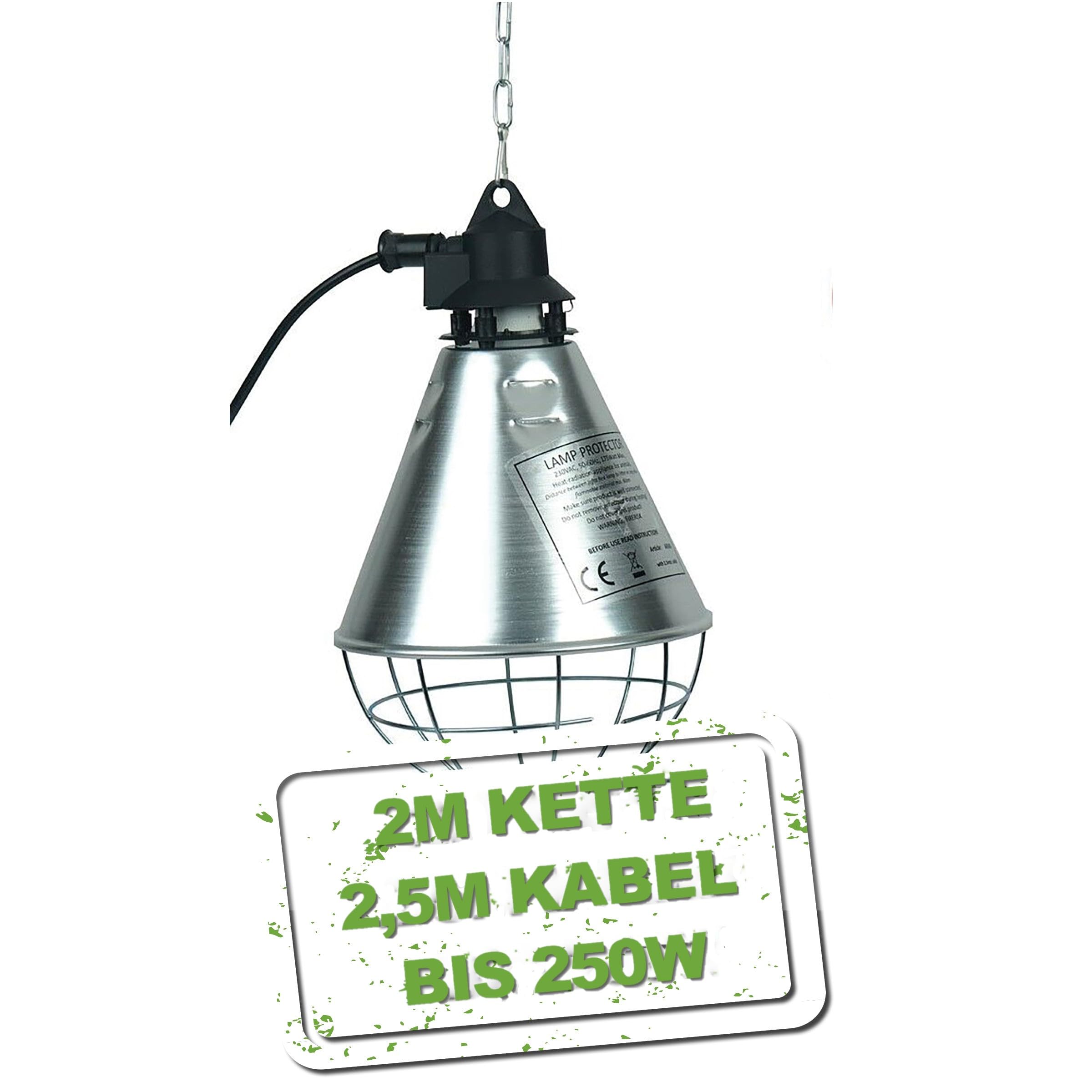 MeineHennen Infrarot-Wärmelampe mit Schutzkorb – 21 cm Reflektor, IPX4, E27 Keramikfassung, 2,5 m Kabel & 2 m Kette – ideal für Küken, Geflügel, Reptilien, Ferkel, Welpen & Katzen