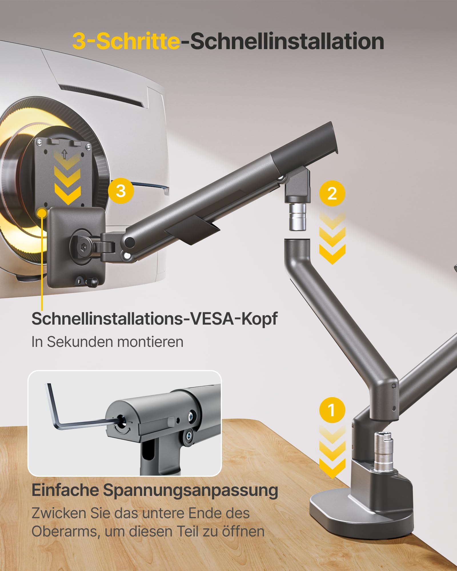 monTEK Monitor Halterung 2 Monitore für 17-35 Zoll Bildschirm, Dunkelgrau | Tragfähigkeit 11KG, Stabil, Höhenverstellbare Gasdruckfeder Monitor Arm mit Klemmschelle/ Tischdurchführung, VESA 75/100mm