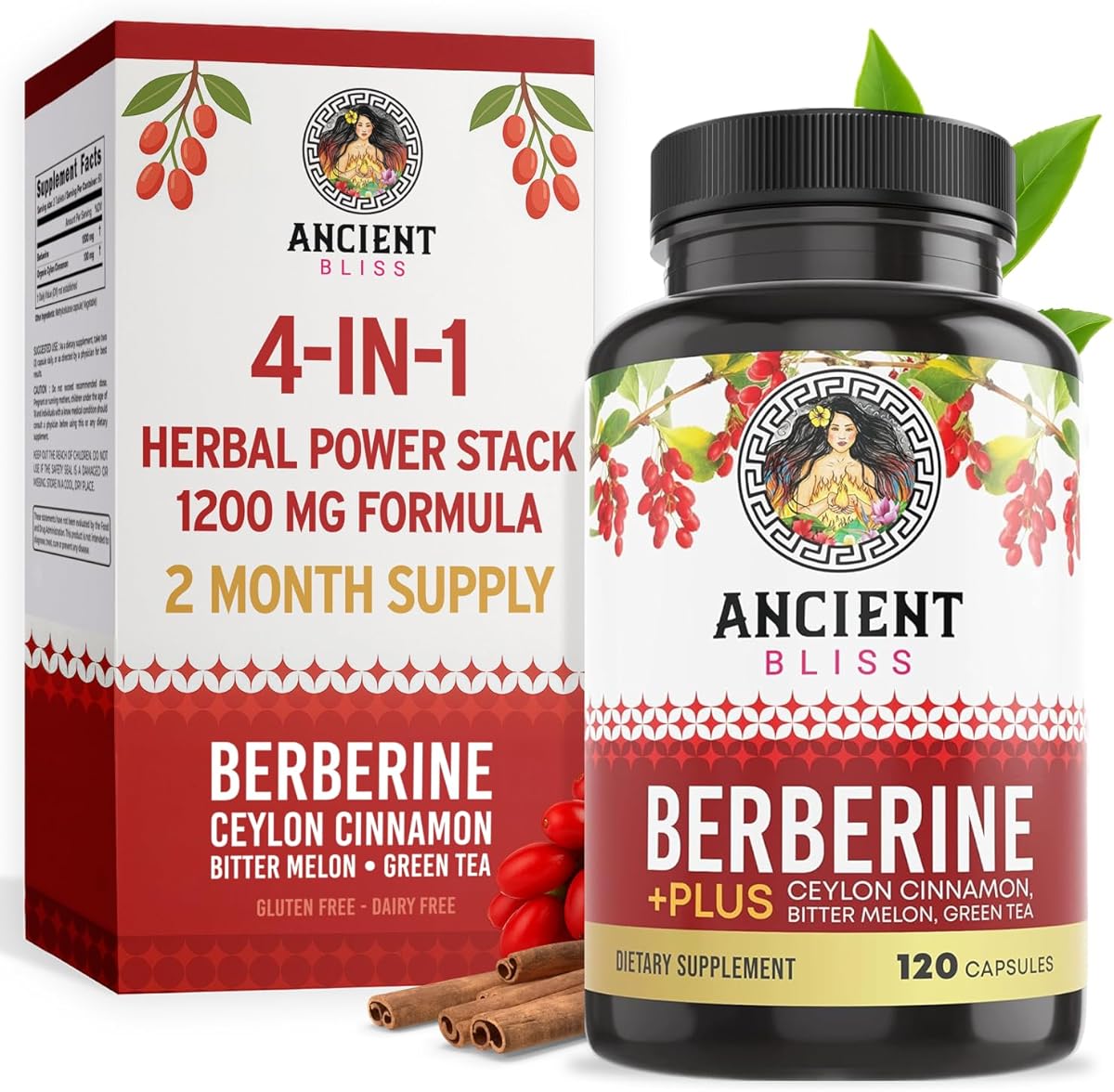 Ancient Bliss Berberine HCL 1200mg with Ceylon Cinnamon, Bitter Melon, and Green Tea Extract - 120 Capsules