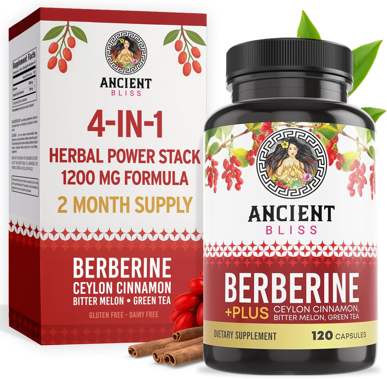 Ancient Bliss Berberine HCL 1200mg with Ceylon Cinnamon, Bitter Melon, and Green Tea Extract - 120 Capsules