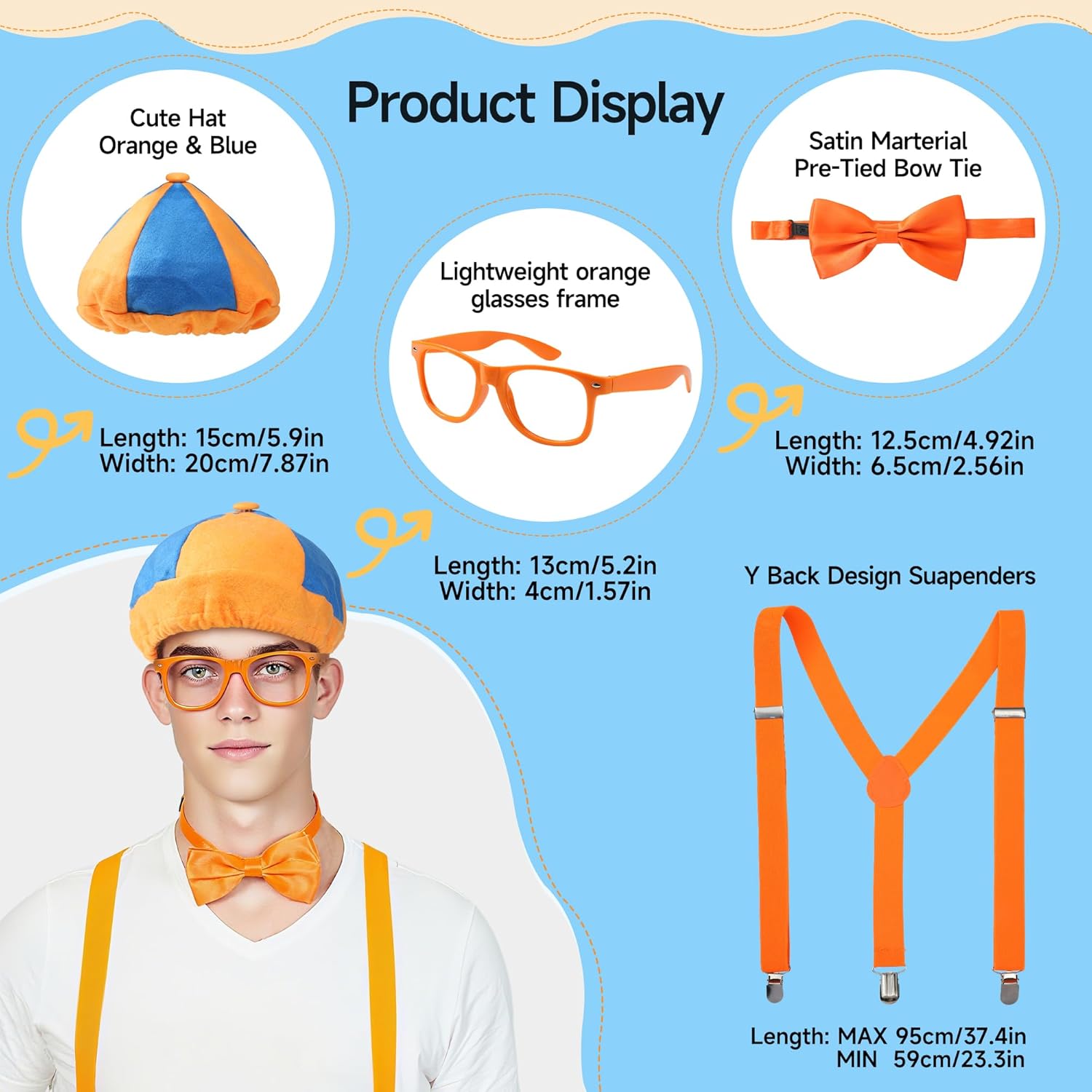 4PCS Costume Roleplay Accessories, Orange Blue Hat & Orange Suspenders & Bow-tie & Lensless Glasses, Dress Up Party Supplies, One Size Fits Most Adults Teenager - Image 2