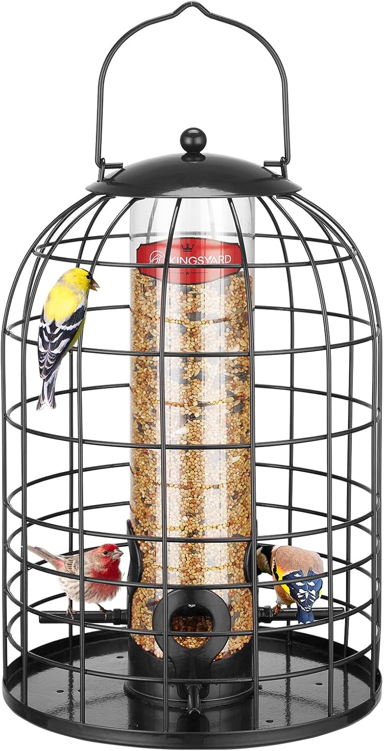Kingsyard Metal Bird Feeder for Outdoors, Squirrel Proof Caged Tube Feeders Hanging Green, Wild Small Birds Rainproof Station for Garden Yard Seed Easy Clean, Black