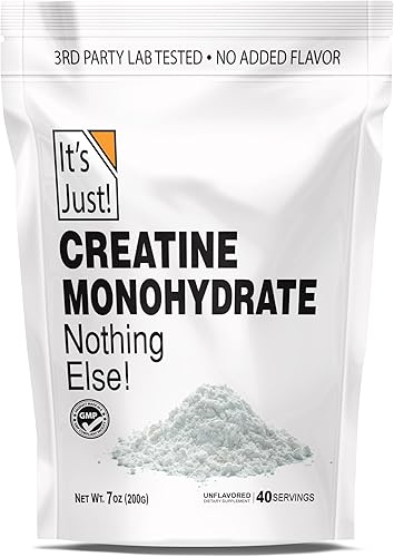 It's Just! - Polvo de monohidrato de creatina, polvo de creatina pura, fabricado en Estados Unidos, probado en laboratorio de terceros, 0.18 oz por