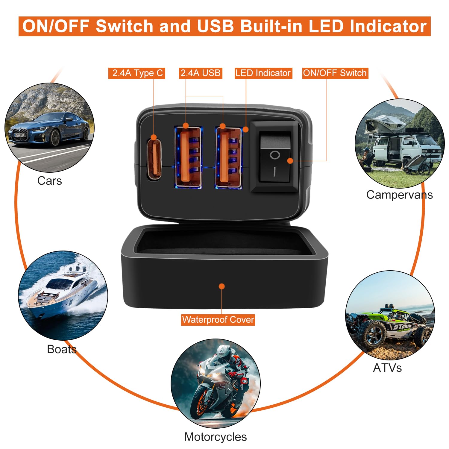 Caricabatterie Moto USB C Impermeabile con Interruttore e Luce LED, 3 Porte USB-A+Tipo-C, Fusibile 10A, per 12V/24V Barca, ATV, Bicicletta + Multi Cavo di Ricarica