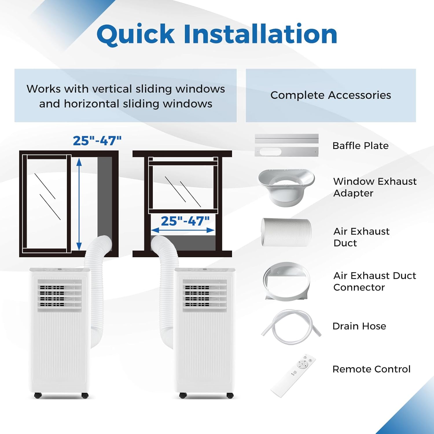 Images showing the portable air conditioner in various room settings: living room, bedroom, dining room, and office