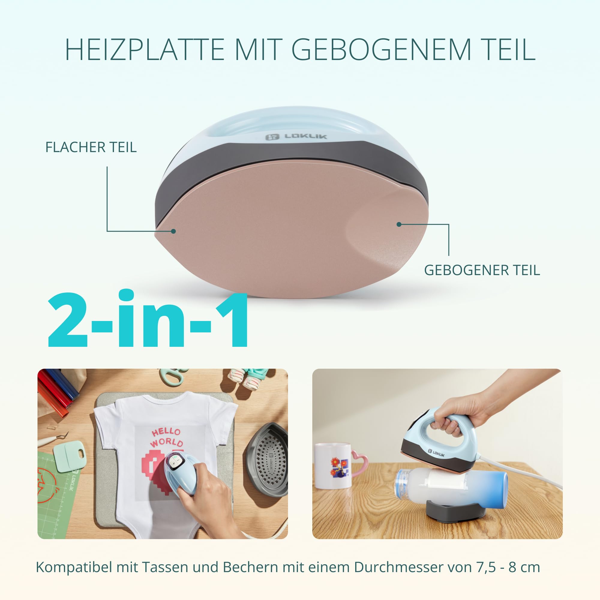 LOKLIK Impress Mini 3 – Hitzepresse für T-Shirts, Taschen, Tassen, Hüte und andere Textilien – Handgerät zum Dekorieren und Basteln. Perfekt für kleine Bastelprojekte, Vinyl-Transfer (Blau)