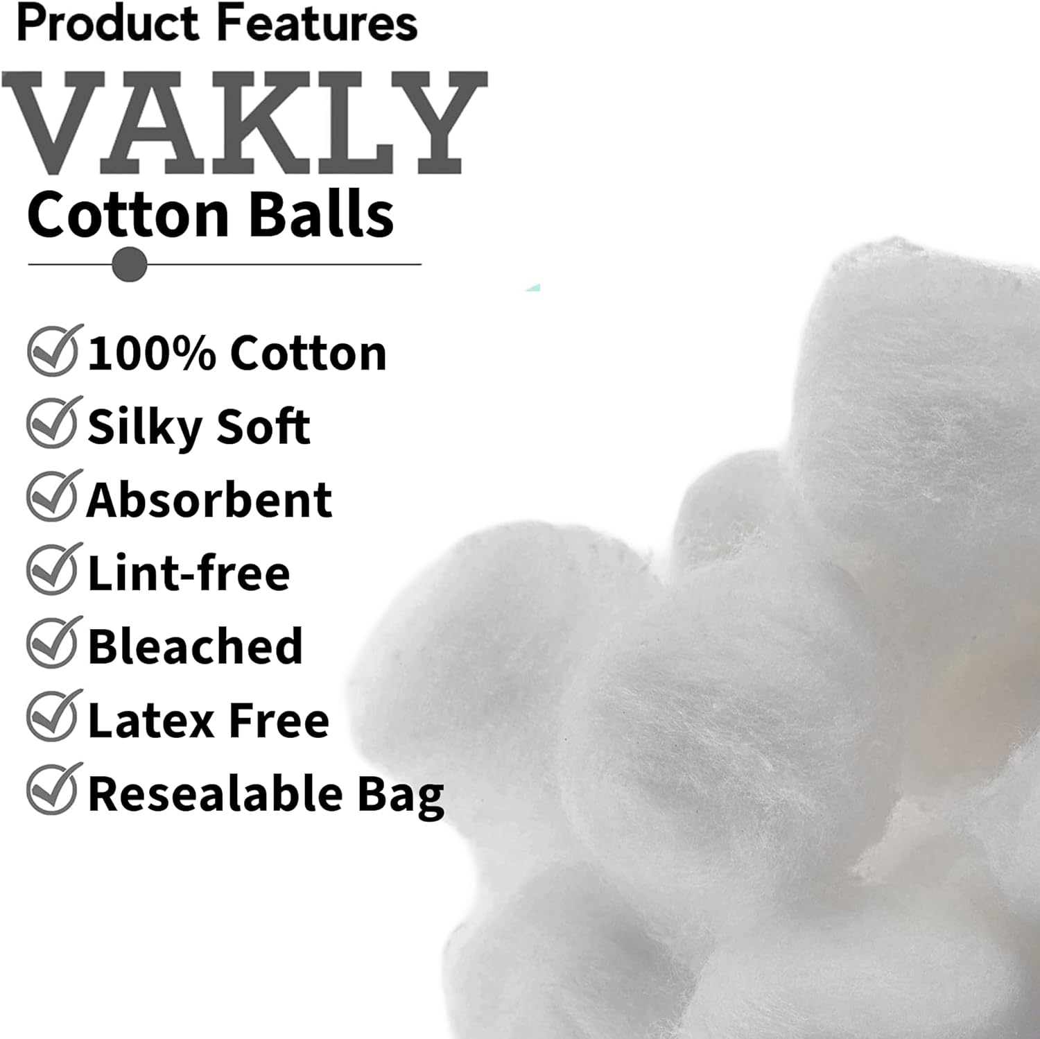 Vakly Cotton Balls 1 inch Medium (2000 Pack) – 100% Cotton Soft Absorbent Non-Sterile Balls for Makeup Removal, Nail Polish, Skincare, First Aid & Crafts