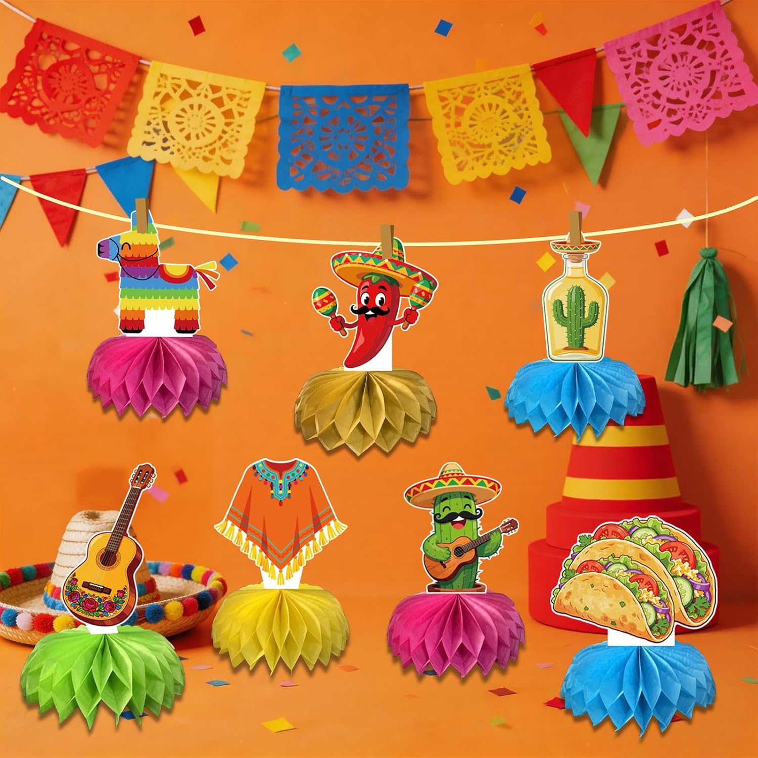 12 Pcs Fiesta Mexican Party Decorations, 8'' Mexican Honeycomb Decorations, Cinco De Mayo Decorations, Taco Party Decors, Mexican Centerpieces for Tables Birthday Day of the Dead Supplies