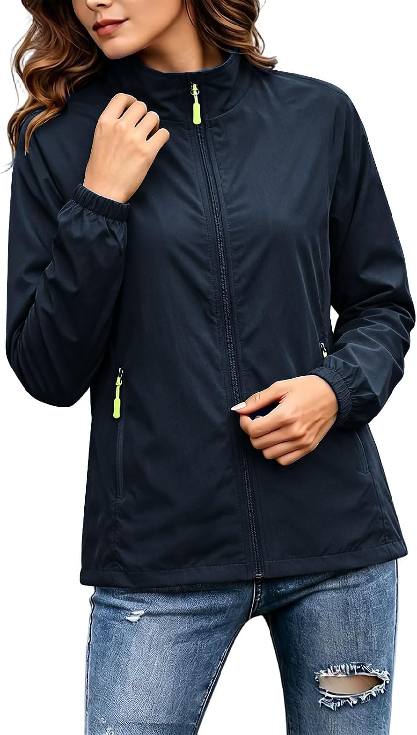 Windbreaker Jacket for Women Full Zip Lightweight Sport Coat | Women's Casual Waterproof Track Jacket with Stand Collar, Contrast Trim Cuff, Zip Pockets for Running Travel Fall Spring