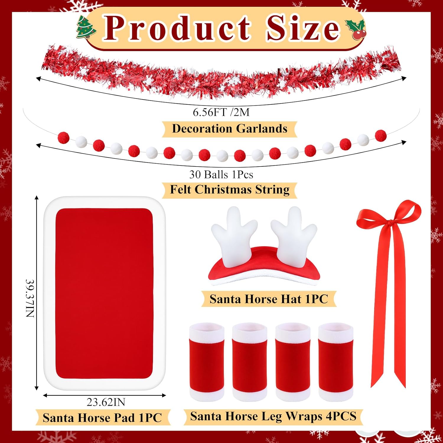 10 Pcs Christmas Horse Costume Accessories Red Horse Head Decoration Tail Bow Leggings Saddle Pad Furry Garland Decoration Red and White Pull Flag for Christmas Party Supplies
