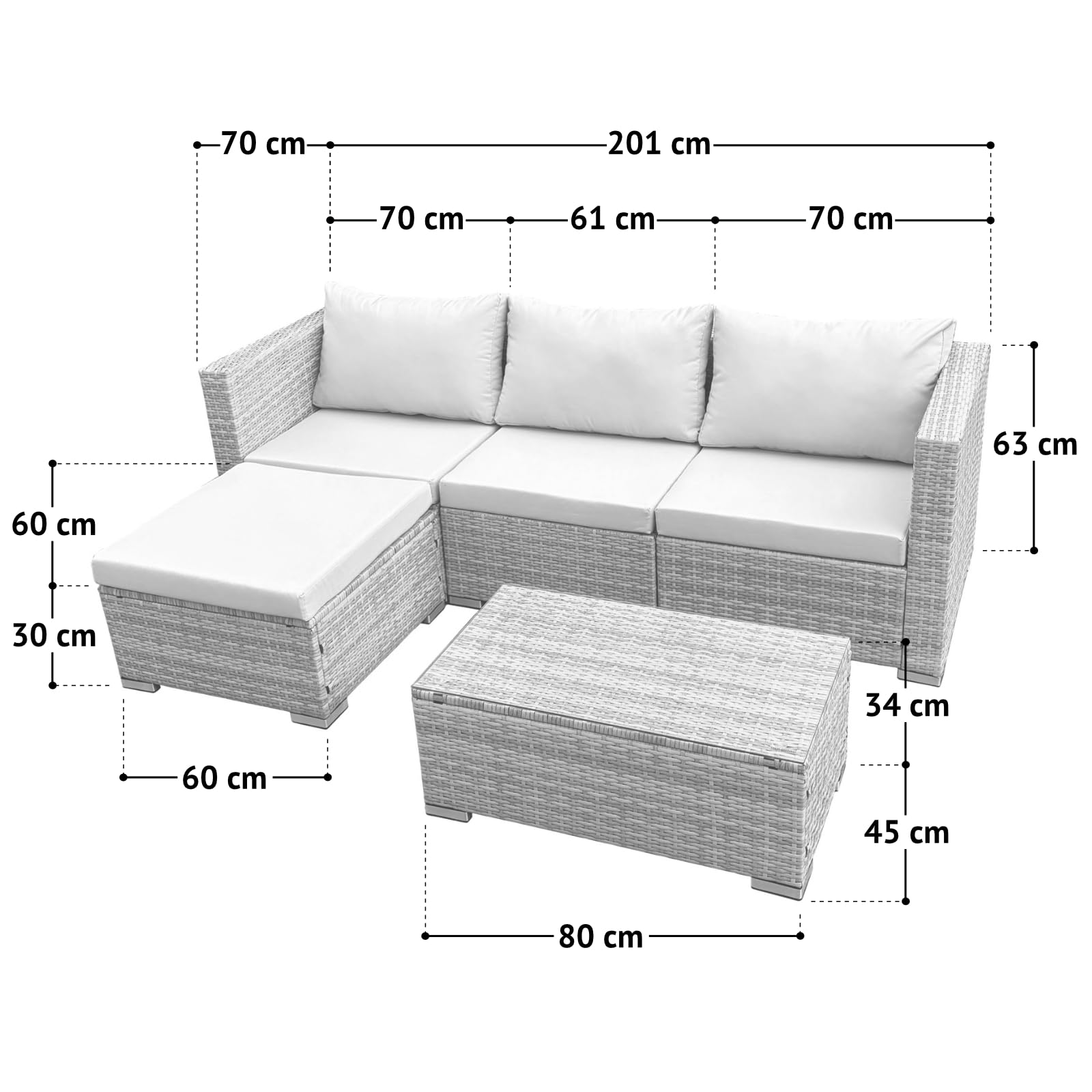 SVITA Queens Gartenlounge 5-teilig Polyrattan Lounge Set wetterfest Garten Terrasse Balkon inkl. Kissen Glas Tisch Grau