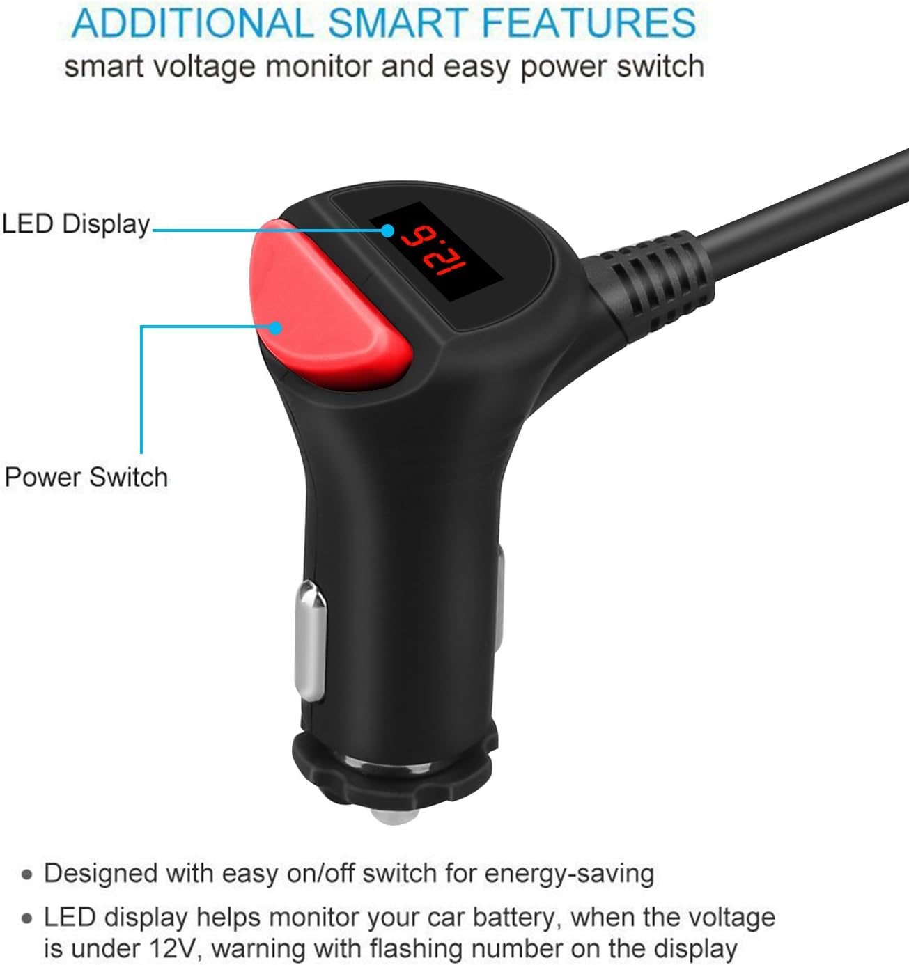 Close-up of Te-Rich Car Power Splitter showing 4 USB ports, 3 DC outlets, and voltage monitor