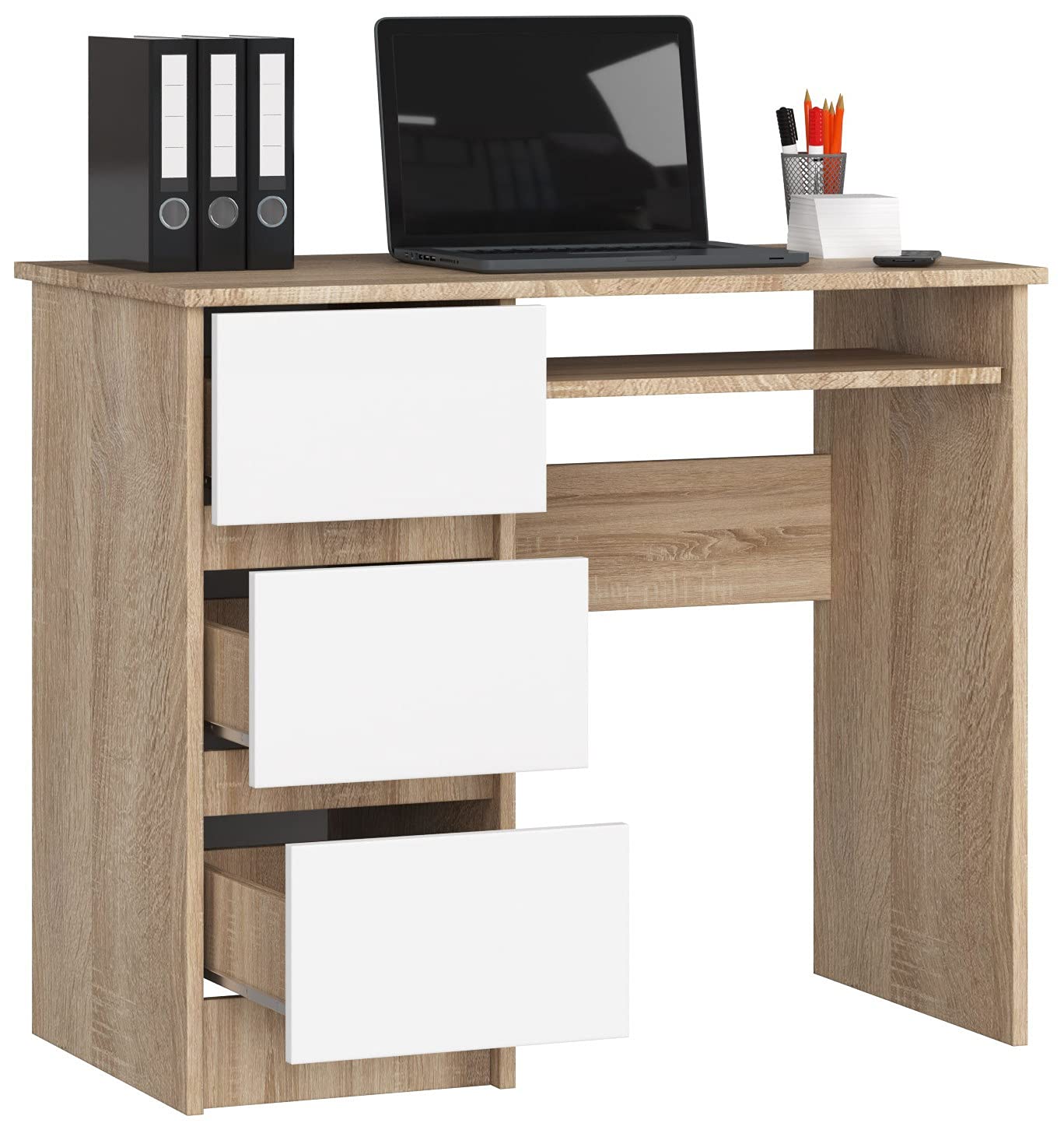 AKORD Scrivania A-6 Con Ripiano per Tastiera e 3 Cassetti a Sinistra o a Destra | Scrittoio per Ufficio | Scrivania per Computer PC Laptop| Salvaspazio | L90xH77xP50 cm 30 kg | Rovere Sonoma/Bianco