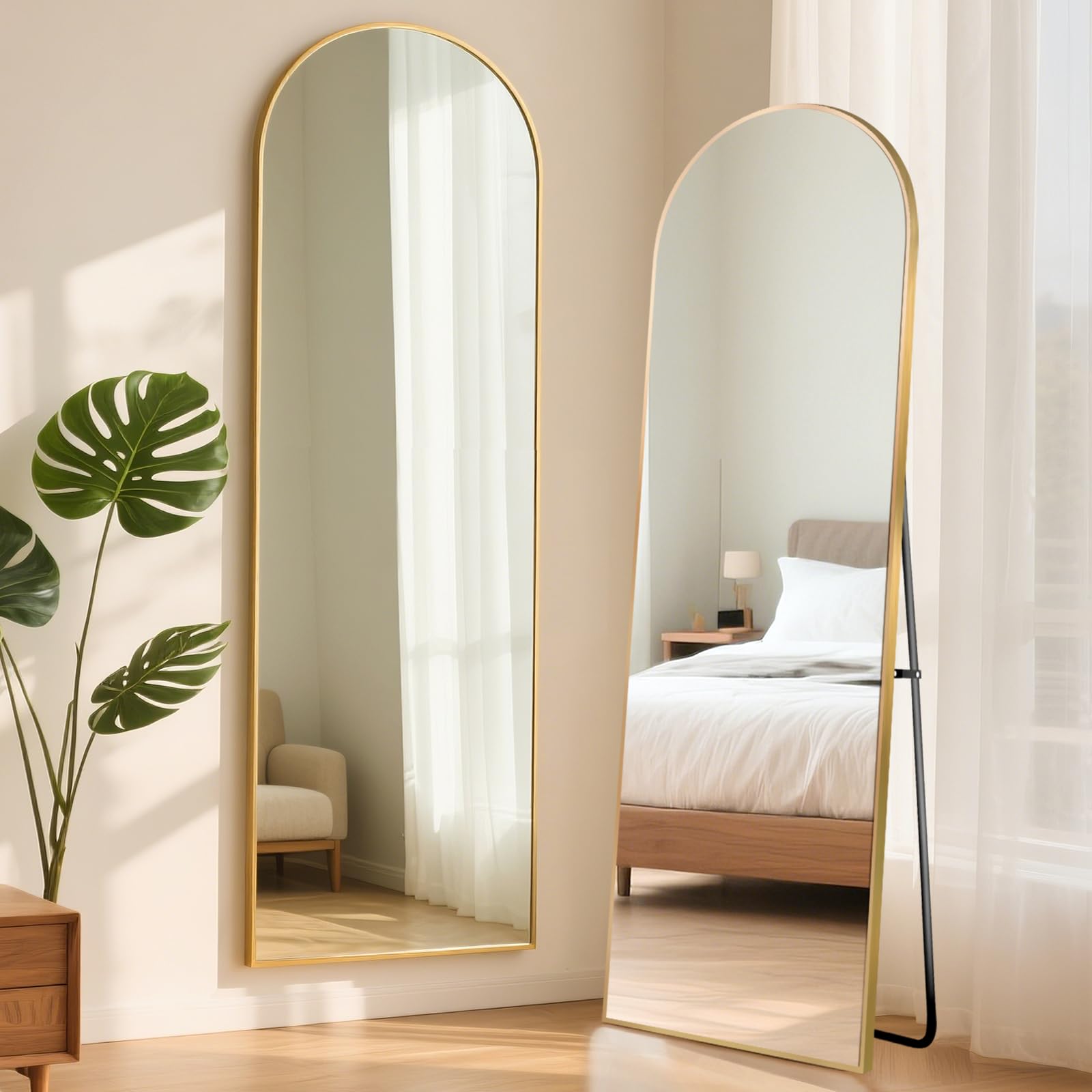 ABXMAS Full Length Mirror with Golden Arch Aluminium Frame 163x53cm, Free Standing Floor Mirror with Protective Tempered Glass, Wall Mirrors 64"x21" for Bedroom Bathroom