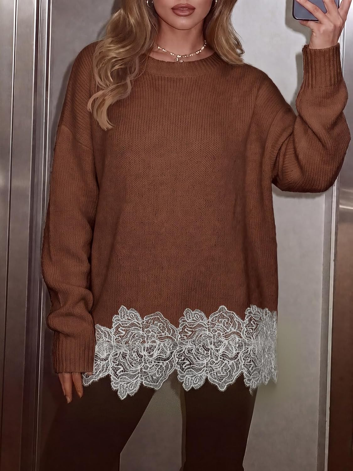  Womens Lace Patchwork Sweater Long Sleeve Boat Neck Pullovers thumbnail