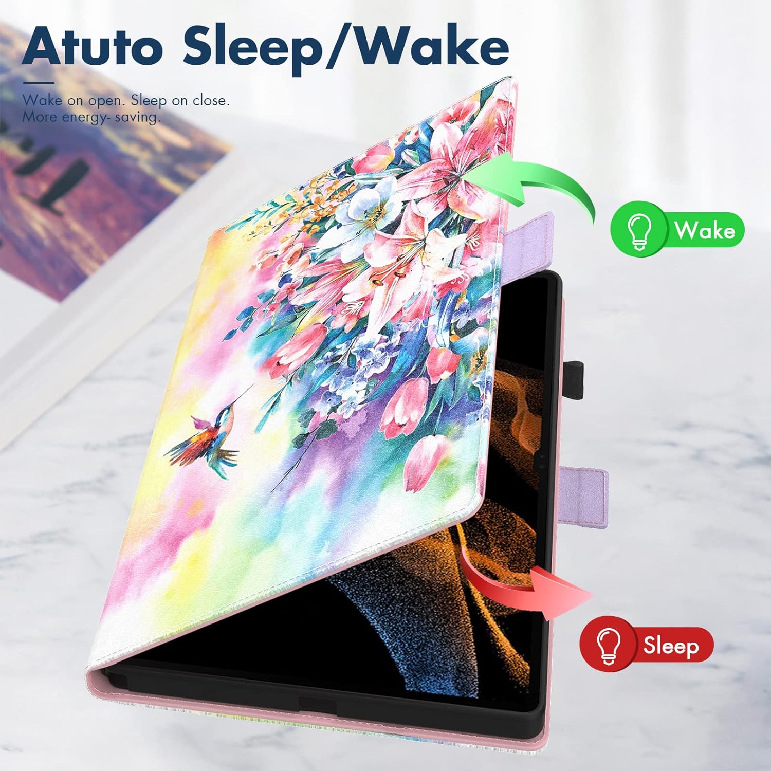 Dteck Case for Galaxy Tab S10/S9/S8, Premium PU Leather Folding Smart Kickstand Auto Wake/Sleep Cover with S Pen Holder and Hummingbirds Design