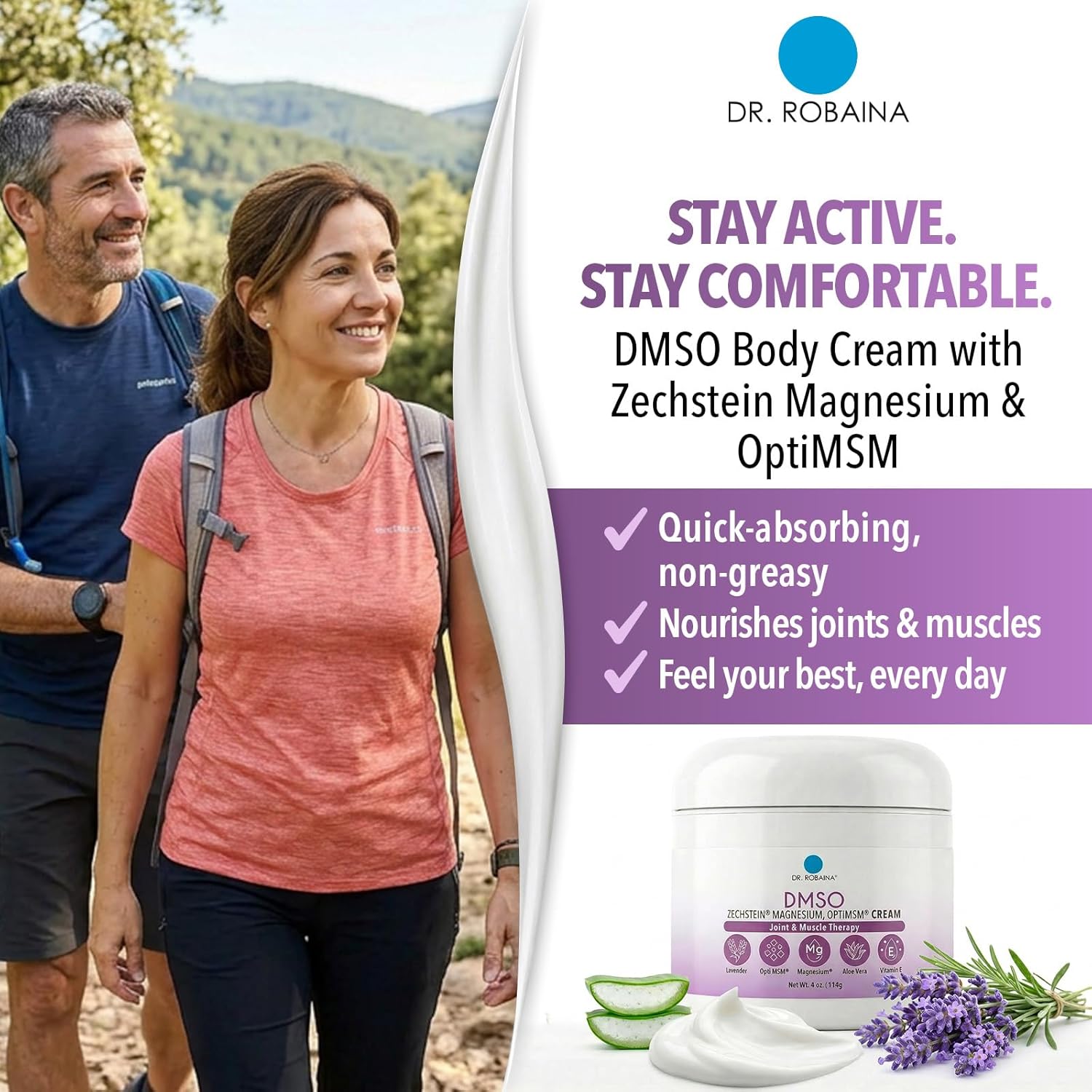 Dr. Robaina Lavender DMSO Cream - 99.9% Pure DMSO Pharmaceutical Grade | Formula with Zechstein Magnesium, Arnica, Aloe Vera, Vitamin E - 4 oz