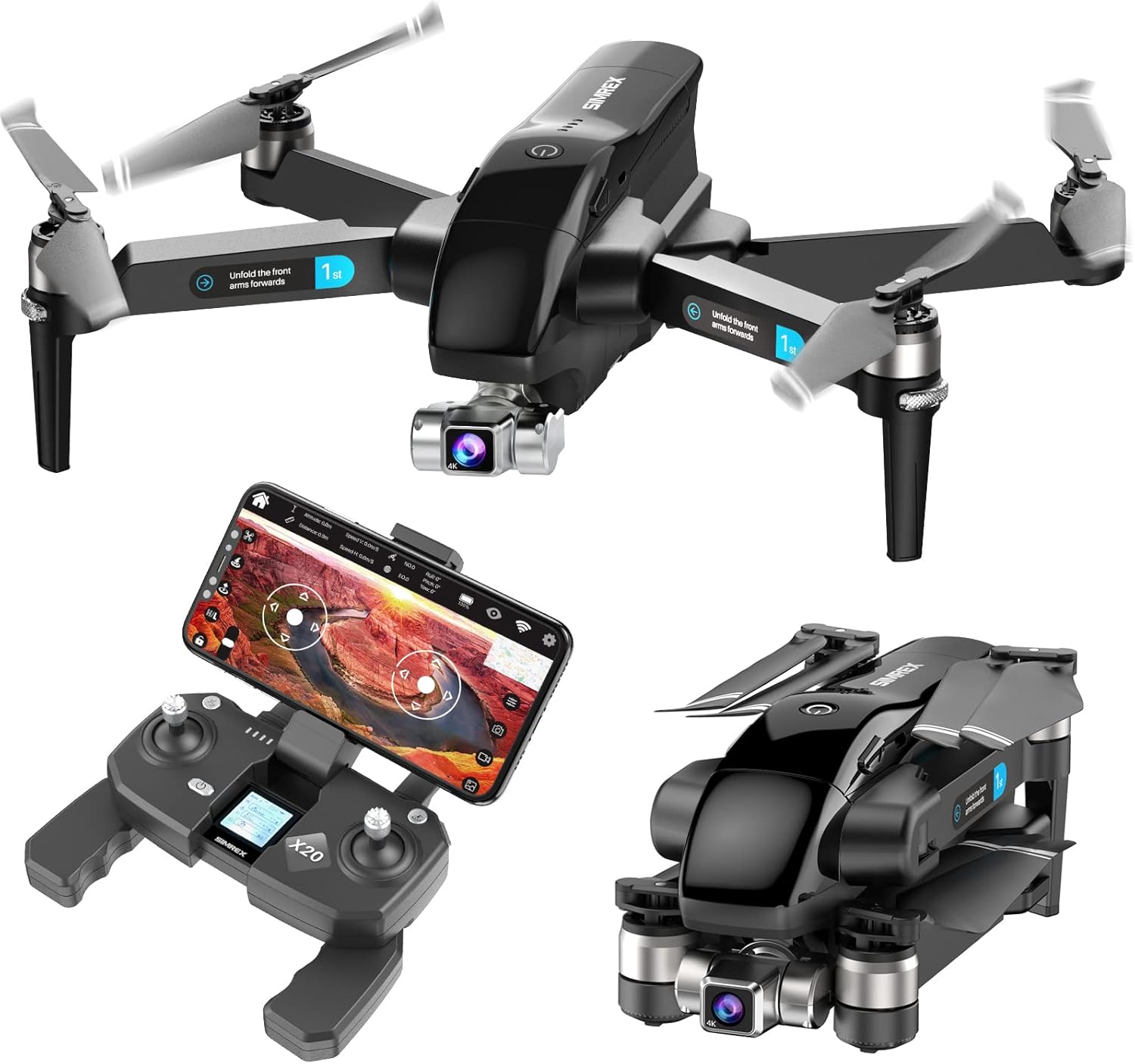 SIMREX X20 GPS Drone with 4K HD Camera 2-Axis Self stabilizing Gimbal 5G WiFi FPV Video RC Quadcopter Auto Return Home with Follow Me Altitude Hold Headless Brushless Motor Remote Control Black