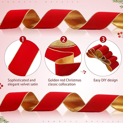 Miniatura 3 de Giegxin 2 Rolls 100 Yard Christmas Velvet Ribbon Wired Gold Edge Ribbon Xmas Gift Wrapping Ribbon for Christmas Crafts Arrangement Decoration(Red