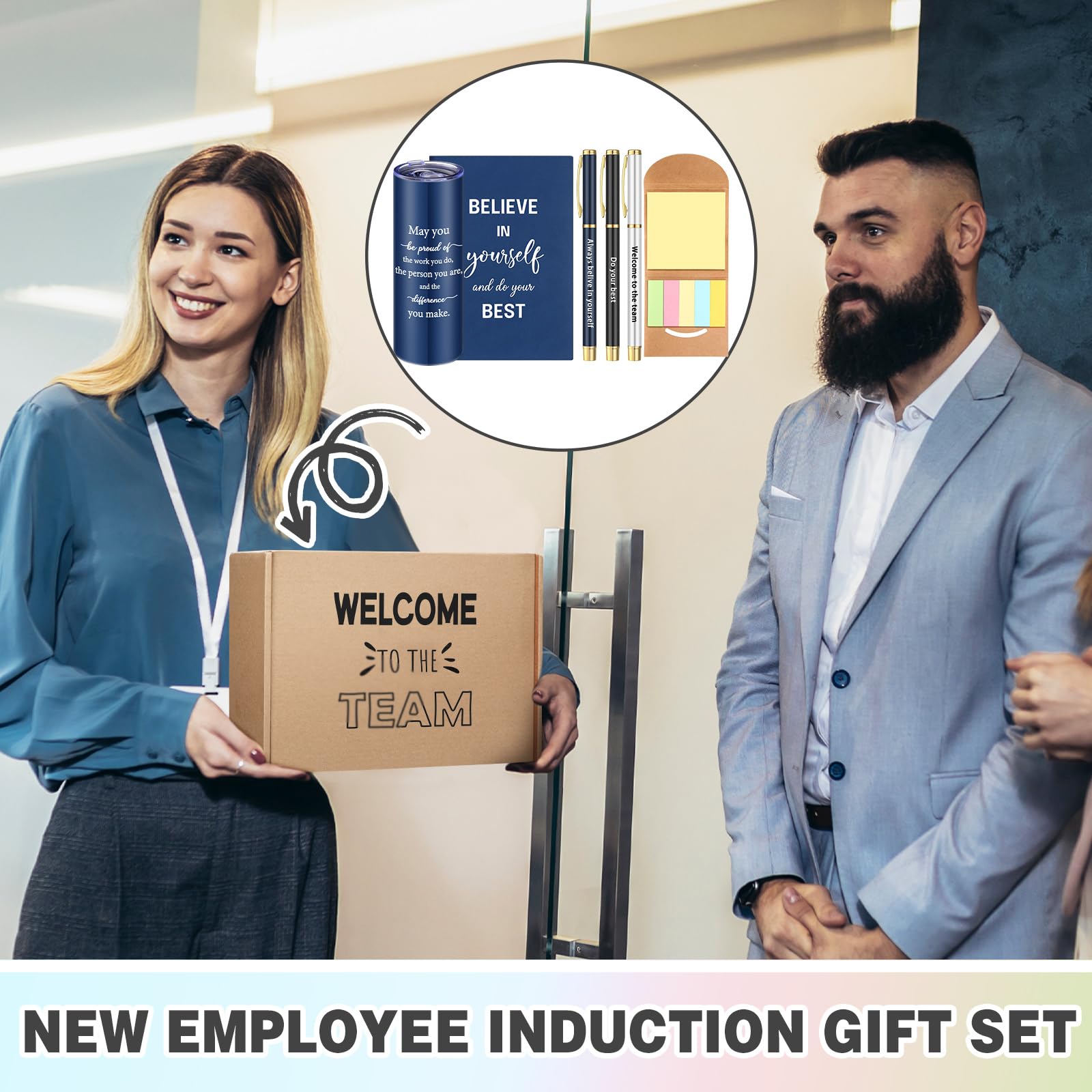 Teenyyou Juego de regalo de bienvenida al equipo de 7 piezas, incluye 1 vaso de 20 onzas, 1 cuaderno, 3 bolígrafos y 1 nota adhesiva para nuevos empleados (azul)