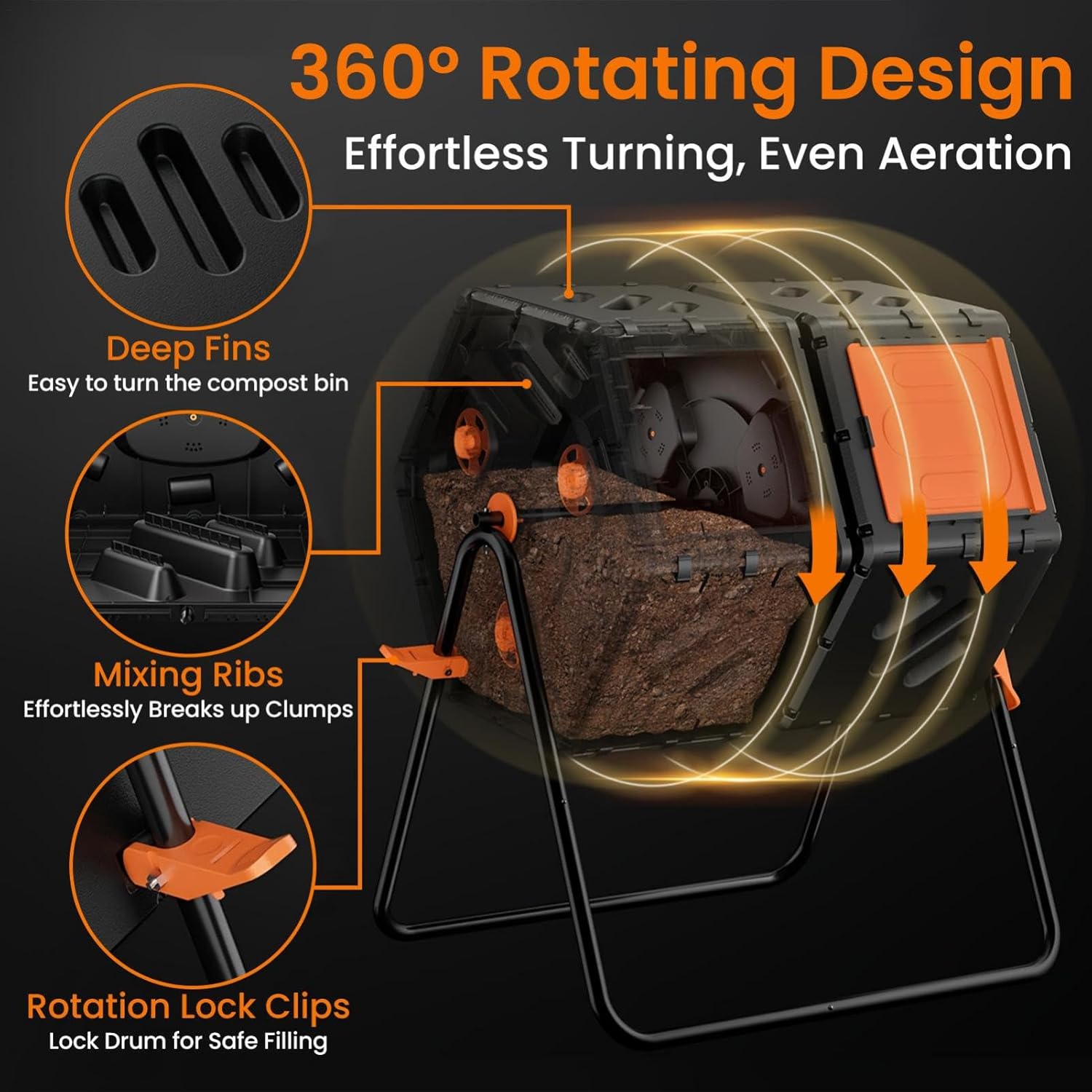 45 Gallon Compost Bin Outdoor DoubleChamber Rotating Composter Load Capacity 24.2Lbs with Aeration Holes Removable Doors Deep Fins Powder for Garden Kitchen and Yard Waste