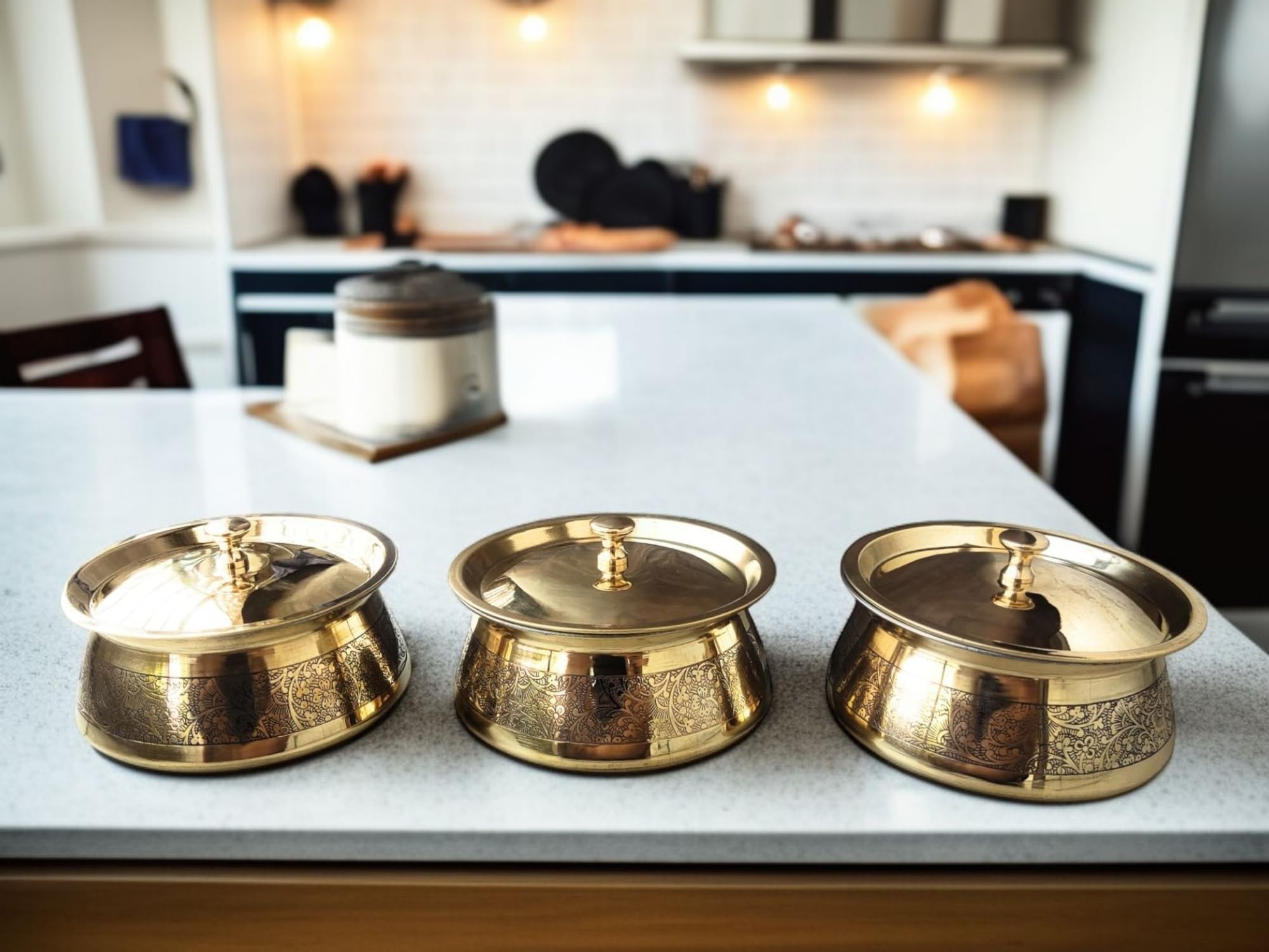 Blissful Decor Brass Kitchen Cooking Serving Pot |Biryani Handi|Embossed Design Casserole With Lid For Decoration Tableware, Home, Hotel, Restaurant Donga, (680 GMS each Capacity 1000 Ml) set of -3