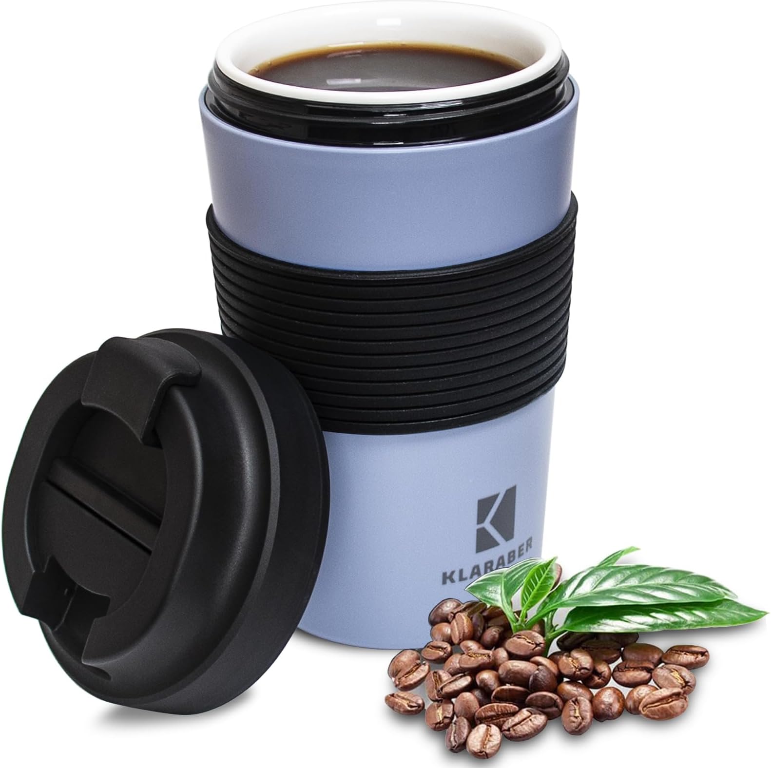 Ceramic Travel Mug With Lid, Personalized Portable Coffee Cup, Leakproof Reusable Mug, 350ml / 12oz (Blue)